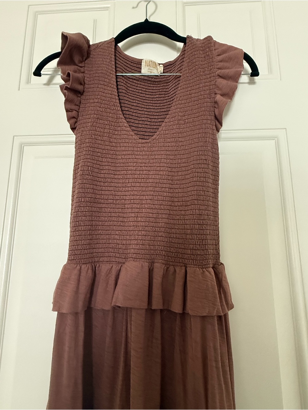 Nation LTD Mauve-Rose Smocked Ruffle Midi Dress